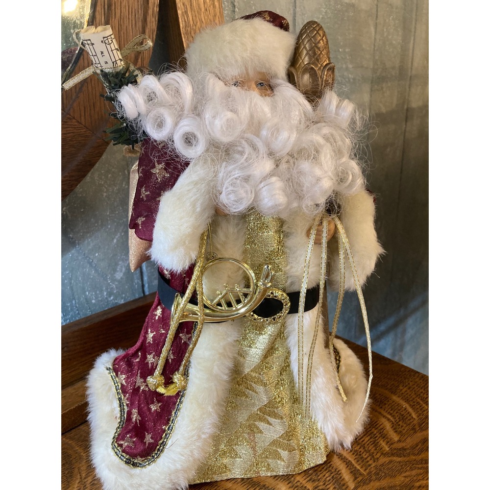 Burgundy Velvet and Gold Star Santa Claus Figurine with Staff and Horn 15"